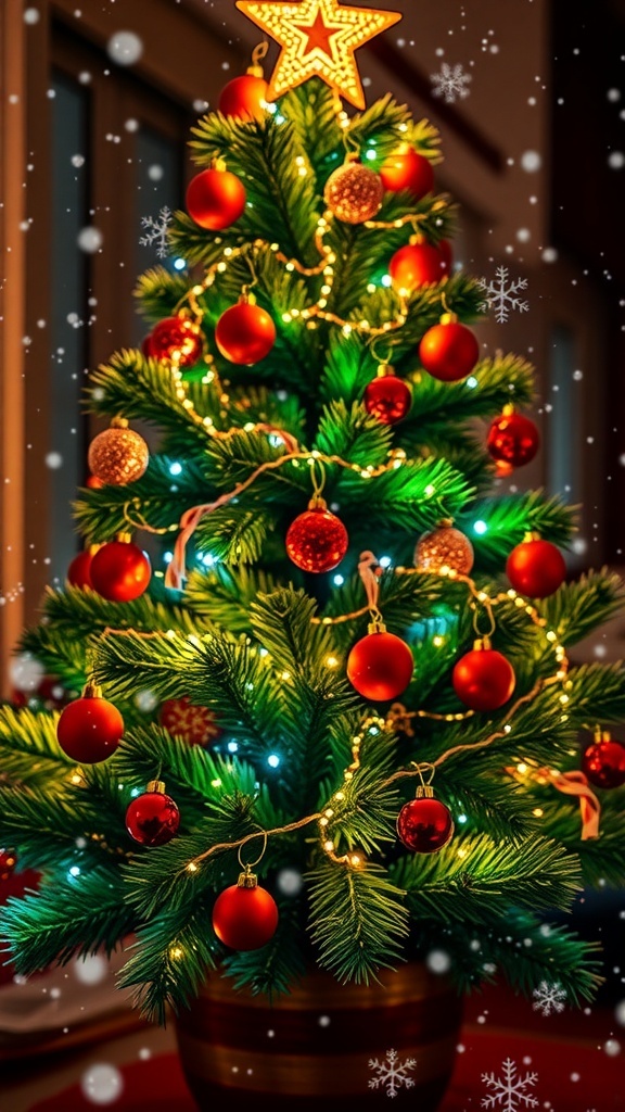 Festive Christmas Backgrounds for Your Laptop A festive laptop background with a decorated Christmas tree and falling snowflakes.